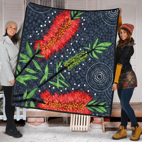 Australia Flowers Aboriginal Quilt - Red Bottle Brush Tree Depicted In Aboriginal Style Quilt