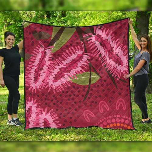 Australia Flowers Aboriginal Quilt - Pink Bottle Brush Flora In Indigenous Painting Quilt Australia Flowers Aboriginal Quilt - Pink Bottle Brush Flora In Indigenous Painting Quilt