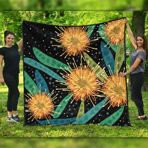 Australia Flowers Aboriginal Quilt - Australian Yellow Hakea Flower Art Quilt Australia Flowers Aboriginal Quilt - Australian Yellow Hakea Flower Art Quilt