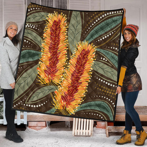 Australia Flowers Aboriginal Quilt - Aboriginal Dot Art With Yellow Banksia Flower Quilt