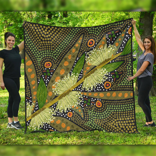 Australia Flowers Aboriginal Quilt - Aboriginal Dot Art Of Australian Native Flower Hakea Sericea Quilt Australia Flowers Aboriginal Quilt - Aboriginal Dot Art Of Australian Native Flower Hakea Sericea Quilt
