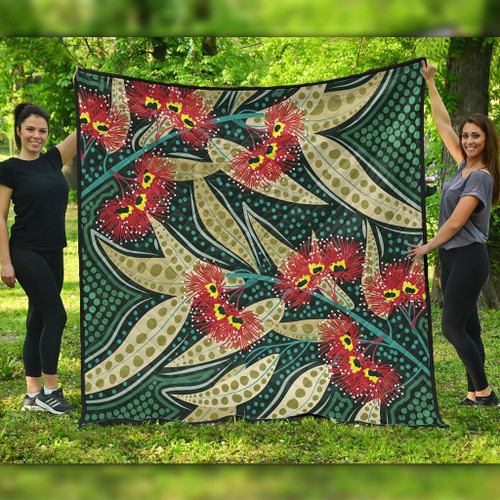 Australia Flowers Aboriginal Quilt - Aboriginal Dot Art of Australian Native Eucalyptus Plant Quilt Australia Flowers Aboriginal Quilt - Aboriginal Dot Art of Australian Native Eucalyptus Plant Quilt