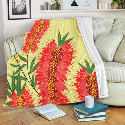 Australia Flowers Aboriginal Blanket - Aboriginal Painting Red Bottle Brush Tree Blanket