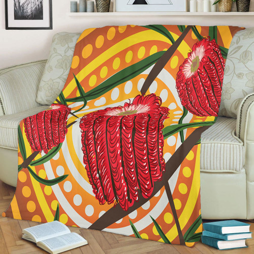 Australia Flowers Aboriginal Blanket - Aboriginal Dot Painting With Red Banksia Flower Blanket Australia Flowers Aboriginal Blanket - Aboriginal Dot Painting With Red Banksia Flower Blanket