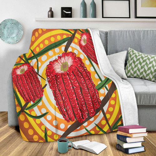 Australia Flowers Aboriginal Blanket - Aboriginal Dot Painting With Red Banksia Flower Blanket Australia Flowers Aboriginal Blanket - Aboriginal Dot Painting With Red Banksia Flower Blanket