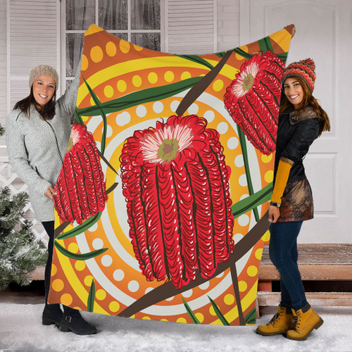Australia Flowers Aboriginal Blanket - Aboriginal Dot Painting With Red Banksia Flower Blanket Australia Flowers Aboriginal Blanket - Aboriginal Dot Painting With Red Banksia Flower Blanket