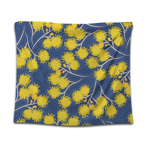 Australia Flowers Aboriginal Tapestry - Yellow Wattle Flowers With Aboriginal Dot Art Tapestry Australia Flowers Aboriginal Tapestry - Yellow Wattle Flowers With Aboriginal Dot Art Tapestry