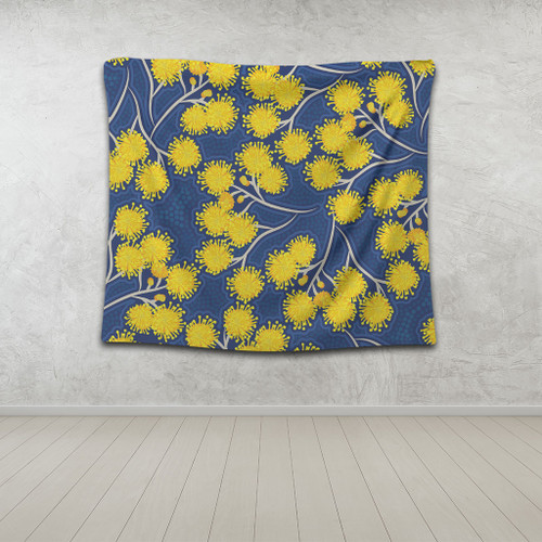 Australia Flowers Aboriginal Tapestry - Yellow Wattle Flowers With Aboriginal Dot Art Tapestry Australia Flowers Aboriginal Tapestry - Yellow Wattle Flowers With Aboriginal Dot Art Tapestry