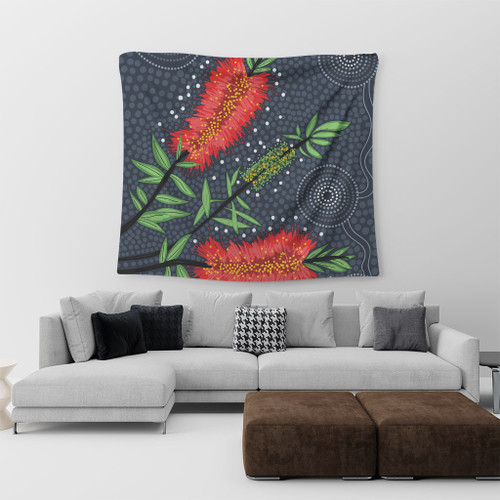 Australia Flowers Aboriginal Tapestry - Red Bottle Brush Tree Depicted In Aboriginal Style Tapestry