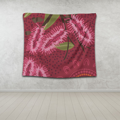 Australia Flowers Aboriginal Tapestry - Pink Bottle Brush Flora In Indigenous Painting Tapestry Australia Flowers Aboriginal Tapestry - Pink Bottle Brush Flora In Indigenous Painting Tapestry