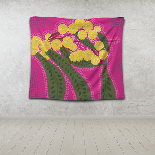 Australia Flowers Aboriginal Tapestry - Australian Yellow Wattle Flowers Painting In Aboriginal Dot Art Style Tapestry Australia Flowers Aboriginal Tapestry - Australian Yellow Wattle Flowers Painting In Aboriginal Dot Art Style Tapestry