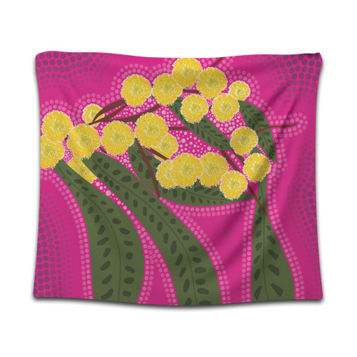 Australia Flowers Aboriginal Tapestry - Australian Yellow Wattle Flowers Painting In Aboriginal Dot Art Style Tapestry Australia Flowers Aboriginal Tapestry - Australian Yellow Wattle Flowers Painting In Aboriginal Dot Art Style Tapestry