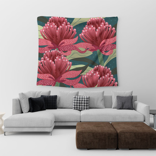 Australia Flowers Aboriginal Tapestry - Australian Waratah Flowers Painting In Aboriginal Style Tapestry