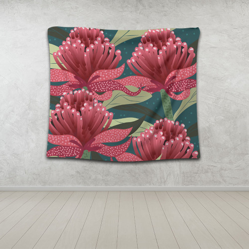 Australia Flowers Aboriginal Tapestry - Australian Waratah Flowers Painting In Aboriginal Style Tapestry Australia Flowers Aboriginal Tapestry - Australian Waratah Flowers Painting In Aboriginal Style Tapestry