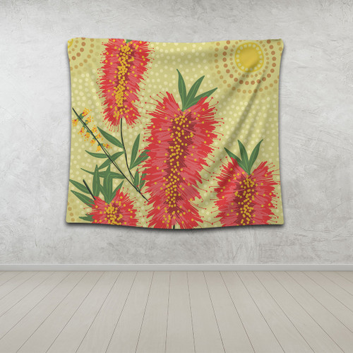 Australia Flowers Aboriginal Tapestry - Aboriginal Painting Red Bottle Brush Tree Tapestry Australia Flowers Aboriginal Tapestry - Aboriginal Painting Red Bottle Brush Tree Tapestry