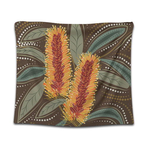 Australia Flowers Aboriginal Tapestry - Aboriginal Dot Art With Yellow Banksia Flower Tapestry Australia Flowers Aboriginal Tapestry - Aboriginal Dot Art With Yellow Banksia Flower Tapestry