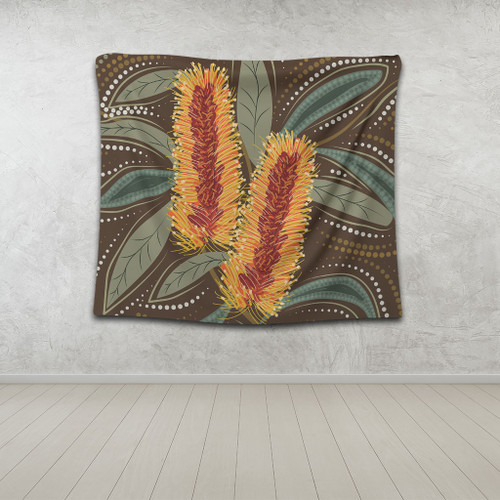 Australia Flowers Aboriginal Tapestry - Aboriginal Dot Art With Yellow Banksia Flower Tapestry Australia Flowers Aboriginal Tapestry - Aboriginal Dot Art With Yellow Banksia Flower Tapestry