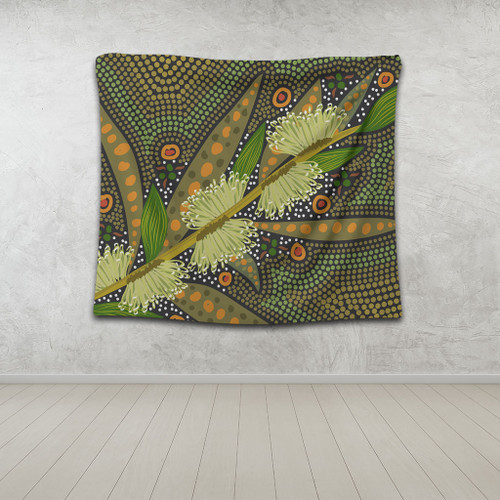 Australia Flowers Aboriginal Tapestry - Aboriginal Dot Art Of Australian Native Flower Hakea Sericea Tapestry Australia Flowers Aboriginal Tapestry - Aboriginal Dot Art Of Australian Native Flower Hakea Sericea Tapestry