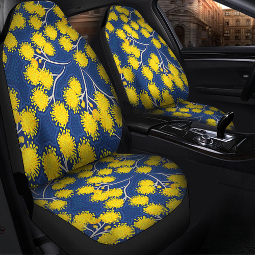 Australia Flowers Aboriginal Car Seat Cover - Yellow Wattle Flowers With Aboriginal Dot Art Car Seat Cover