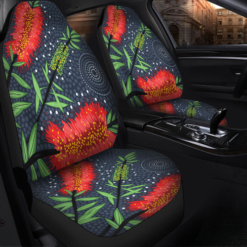 Australia Flowers Aboriginal Car Seat Cover - Red Bottle Brush Tree Depicted In Aboriginal Style Car Seat Cover