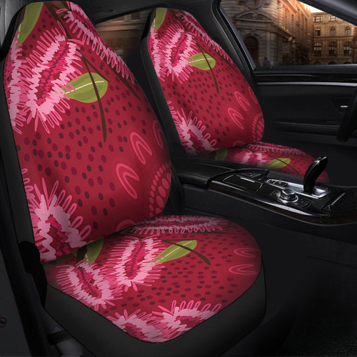 Australia Flowers Aboriginal Car Seat Cover - Pink Bottle Brush Flora In Indigenous Painting Car Seat Cover