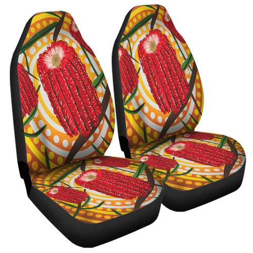 Australia Flowers Aboriginal Car Seat Cover - Aboriginal Dot Painting With Red Banksia Flower Car Seat Cover