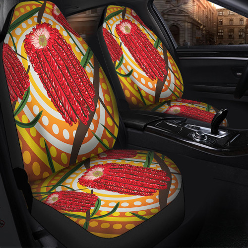 Australia Flowers Aboriginal Car Seat Cover - Aboriginal Dot Painting With Red Banksia Flower Car Seat Cover