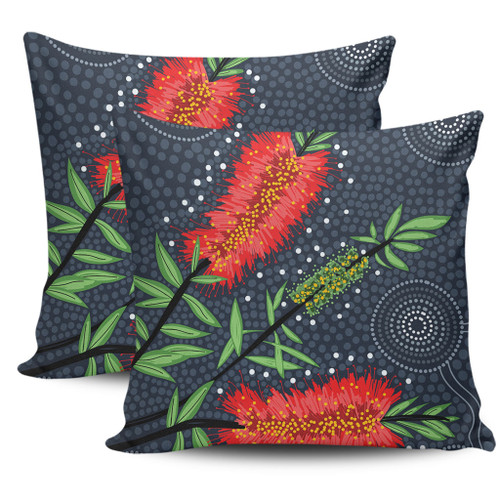 Australia Flowers Aboriginal Pillow Cases - Red Bottle Brush Tree Depicted In Aboriginal Style Pillow Cases