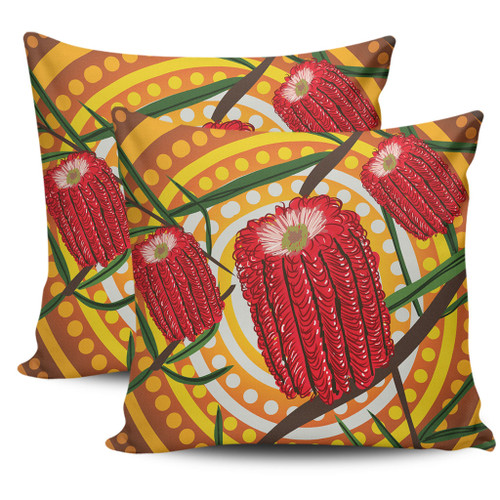 Australia Flowers Aboriginal Pillow Cases - Aboriginal Dot Painting With Red Banksia Flower Pillow Cases