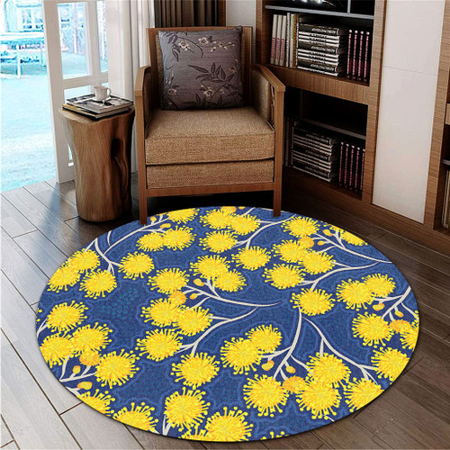 Australia Flowers Aboriginal Round Rug - Yellow Wattle Flowers With Aboriginal Dot Art Round Rug