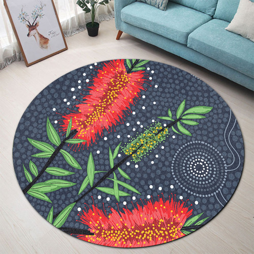 Australia Flowers Aboriginal Round Rug - Red Bottle Brush Tree Depicted In Aboriginal Style Round Rug