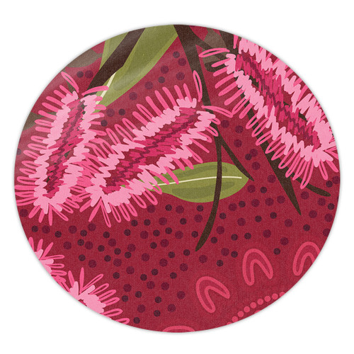 Australia Flowers Aboriginal Round Rug - Pink Bottle Brush Flora In Indigenous Painting Round Rug