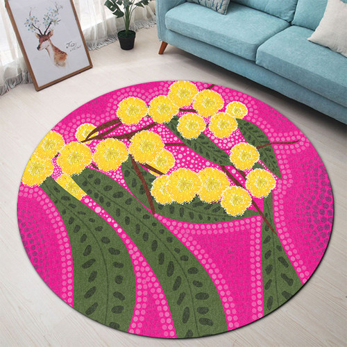 Australia Flowers Aboriginal Round Rug - Australian Yellow Wattle Flowers Painting In Aboriginal Dot Art Style Round Rug