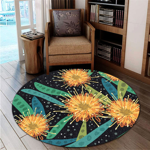 Australia Flowers Aboriginal Round Rug - Australian Yellow Hakea Flower Art Round Rug Australia Flowers Aboriginal Round Rug - Australian Yellow Hakea Flower Art Round Rug
