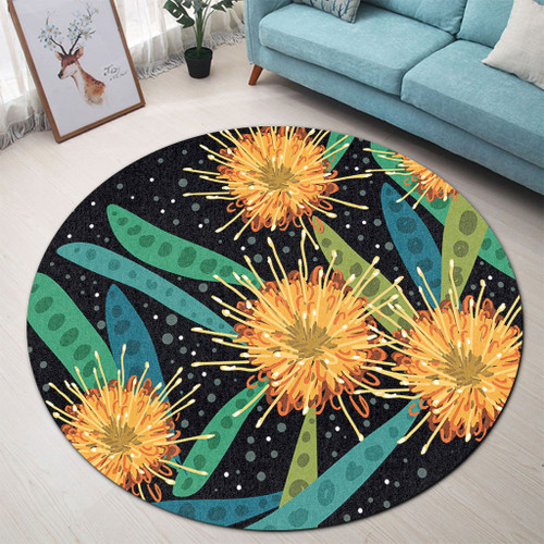 Australia Flowers Aboriginal Round Rug - Australian Yellow Hakea Flower Art Round Rug