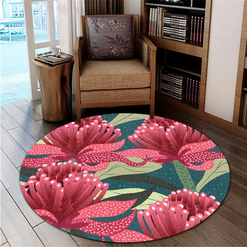 Australia Flowers Aboriginal Round Rug - Australian Waratah Flowers Painting In Aboriginal Style Round Rug