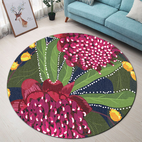 Australia Flowers Aboriginal Round Rug - Australian Waratah Flower Art Round Rug