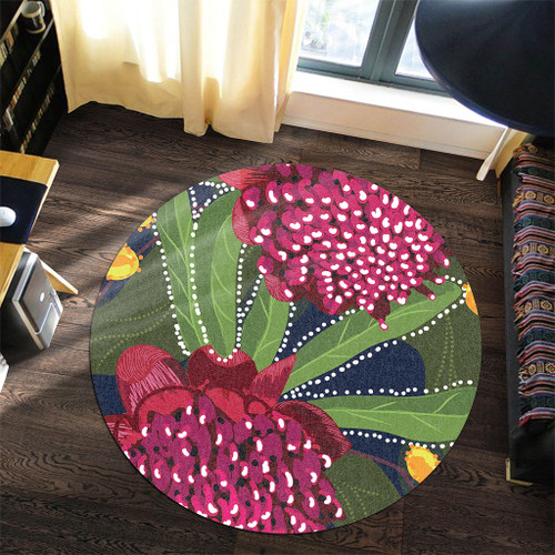 Australia Flowers Aboriginal Round Rug - Australian Waratah Flower Art Round Rug Australia Flowers Aboriginal Round Rug - Australian Waratah Flower Art Round Rug