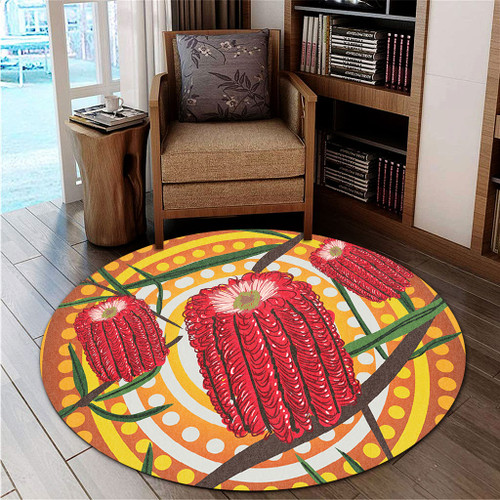 Australia Flowers Aboriginal Round Rug - Aboriginal Dot Painting With Red Banksia Flower Round Rug Australia Flowers Aboriginal Round Rug - Aboriginal Dot Painting With Red Banksia Flower Round Rug