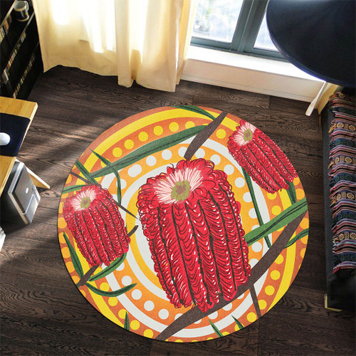 Australia Flowers Aboriginal Round Rug - Aboriginal Dot Painting With Red Banksia Flower Round Rug Australia Flowers Aboriginal Round Rug - Aboriginal Dot Painting With Red Banksia Flower Round Rug