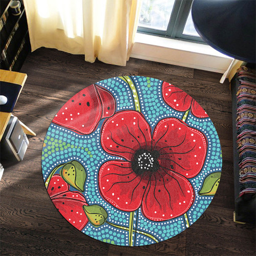 Australia Flowers Aboriginal Round Rug - Aboriginal Dot Art Of Australian Poppy Flower Painting Round Rug Australia Flowers Aboriginal Round Rug - Aboriginal Dot Art Of Australian Poppy Flower Painting Round Rug