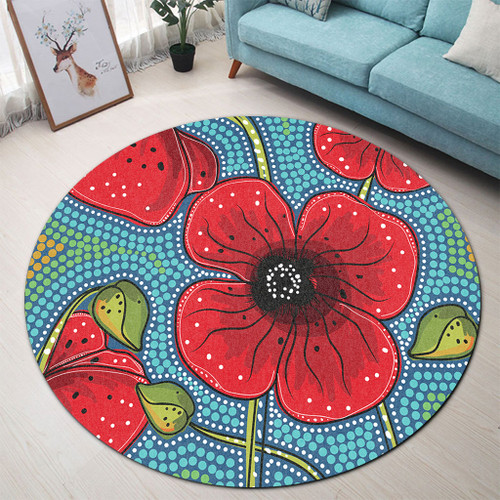 Australia Flowers Aboriginal Round Rug - Aboriginal Dot Art Of Australian Poppy Flower Painting Round Rug