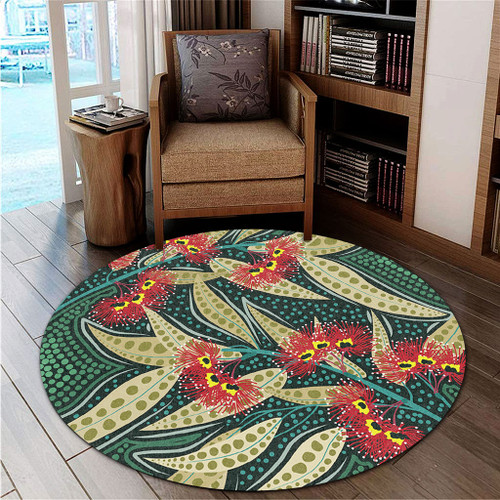Australia Flowers Aboriginal Round Rug - Aboriginal Dot Art of Australian Native Eucalyptus Plant Round Rug Australia Flowers Aboriginal Round Rug - Aboriginal Dot Art of Australian Native Eucalyptus Plant Round Rug