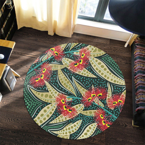 Australia Flowers Aboriginal Round Rug - Aboriginal Dot Art of Australian Native Eucalyptus Plant Round Rug Australia Flowers Aboriginal Round Rug - Aboriginal Dot Art of Australian Native Eucalyptus Plant Round Rug
