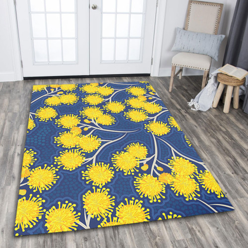 Australia Flowers Aboriginal Area Rug - Yellow Wattle Flowers With Aboriginal Dot Art Area Rug Australia Flowers Aboriginal Area Rug - Yellow Wattle Flowers With Aboriginal Dot Art Area Rug