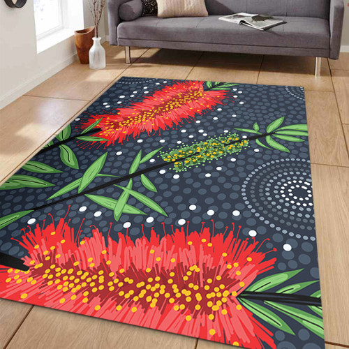 Australia Flowers Aboriginal Area Rug - Red Bottle Brush Tree Depicted In Aboriginal Style Area Rug