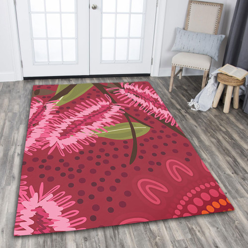 Australia Flowers Aboriginal Area Rug - Pink Bottle Brush Flora In Indigenous Painting Area Rug