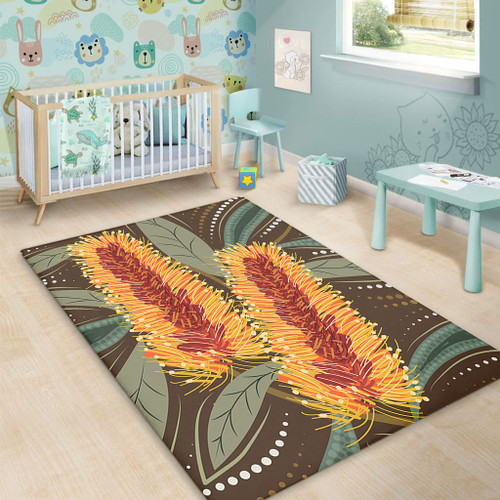 Australia Flowers Aboriginal Area Rug - Aboriginal Dot Art With Yellow Banksia Flower Area Rug Australia Flowers Aboriginal Area Rug - Aboriginal Dot Art With Yellow Banksia Flower Area Rug
