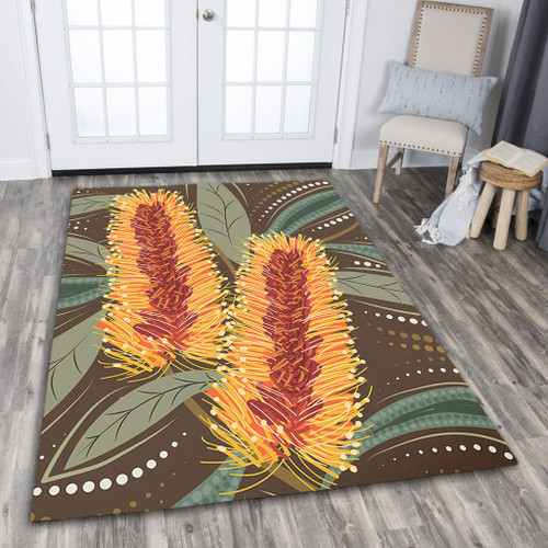 Australia Flowers Aboriginal Area Rug - Aboriginal Dot Art With Yellow Banksia Flower Area Rug Australia Flowers Aboriginal Area Rug - Aboriginal Dot Art With Yellow Banksia Flower Area Rug