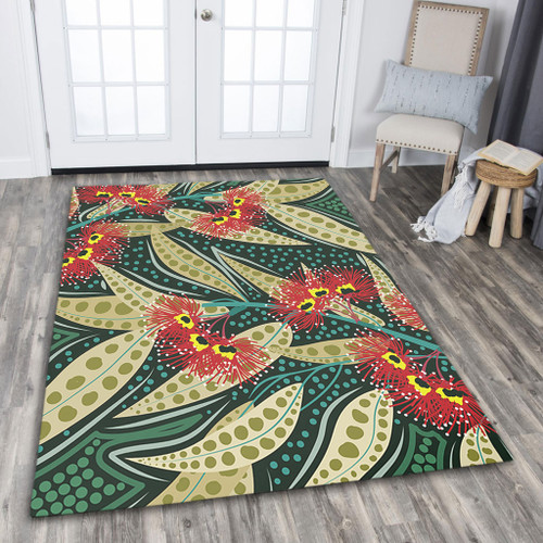 Australia Flowers Aboriginal Area Rug - Aboriginal Dot Art of Australian Native Eucalyptus Plant Area Rug Australia Flowers Aboriginal Area Rug - Aboriginal Dot Art of Australian Native Eucalyptus Plant Area Rug